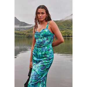 Lulus Easily Impressing Blue And Green Floral Satin Bustier Midi Dress - Size M